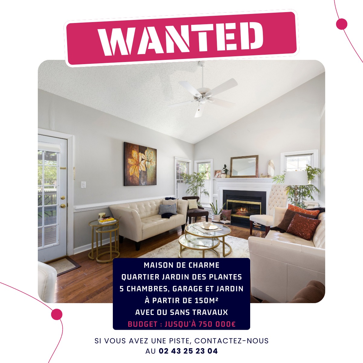 | Nous recherchons pour nos clients |🏡

Nous sommes à la recherche d’une maison dans le triangle d’or, pour plusieurs de nos clients, récemment rentrés dans notre fichier ! 🤩

📍 Localisation ?
Quartier Jardin des Plantes | Prémartine | Jacobins

🔍 Critères ?
- Maison de charme ✨
- 5 chambres minimum 🛌
- Jardin 🪴
- Garage 🚘
- À partir de 150 m² 🤩
- Avec ou sans travaux 🔨
- Budget : jusqu’à 750 000€ 💵

Vous êtes propriétaire de ce type de bien, ou vous connaissez quelqu’un qui l’est et qui envisage de vendre ? Contactez-nous !

Partagez ceci autour de vous ! Un simple clic pour vous mais un grand soutien pour nos clients 🙏

À très vite 😉

#clients #lemans #rechercheimmobilière #maisonavendre #acquéreurs #immobilier #agenceimmobiliere #prospection
