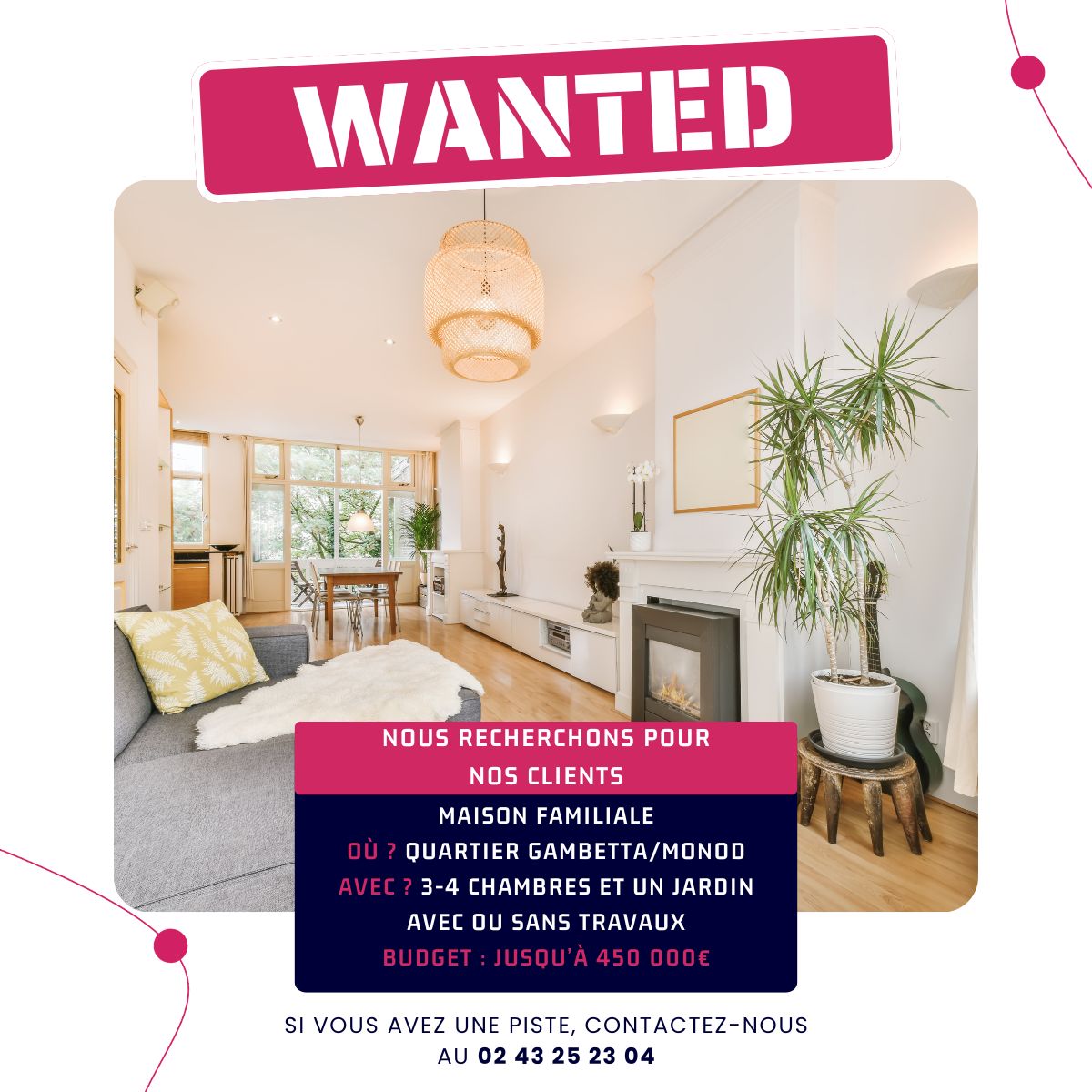 | Nous recherchons pour nos clients |🏡

Nous sommes à la recherche d’une maison pour nos clients enregistrés dans notre fichier acquéreurs ! 🤩

📍 Localisation ?
Quartier Gambetta | Monod 

🔍 Critères ?
- Maison familiale ✨
- Entre 3 et 4 chambres 🛌
- Un jardin 🪴
- Avec ou sans travaux 🔨
- Budget : jusqu’à 450 000€ 💵

Vous êtes propriétaire de ce type de bien, ou vous connaissez quelqu’un qui l’est et qui envisage de vendre ? Contactez-nous !

Partagez ceci autour de vous ! Un simple clic pour vous, mais un grand soutien pour nos clients 🙏

À très vite 😉

#clients #lemans #rechercheimmobiliere #maisonavendre #acquereurs #immobilier #agenceimmobiliere #prospection