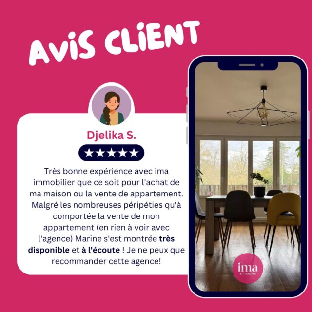 🏡 En immobilier, les imprévus font partie du parcours.

Retard de prêt bancaire, délais administratifs, diagnostics à refaire, succession plus longue que prévu, contretemps chez le notaire… Les péripéties ne manquent pas et peuvent vite devenir source de stress.

Mais une chose fait toute la différence : être bien accompagné. 🤝

Chez ima Immobilier, nous sommes présents à chaque étape pour anticiper les difficultés, trouver des solutions et vous accompagner jusqu'à la signature, en toute sérénité.

Merci à Djelika pour sa confiance et pour ce beau témoignage. 💙
Votre satisfaction est notre plus belle récompense.

✨ Vous avez un projet de vente ou d'achat ? Parlons-en !

#avisclient #immobilier #accompagnement #venteimmobilière #achatimmobilier