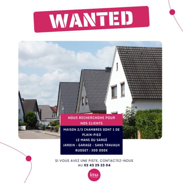 | WANTED 🔍 | Nous recherchons pour nos clients !

Contactez-nous si vous connaissez le bien qui correspond 🤗

#rechercheimmobilière #projetimmobilier #immobilierlemans #achatimmobilier